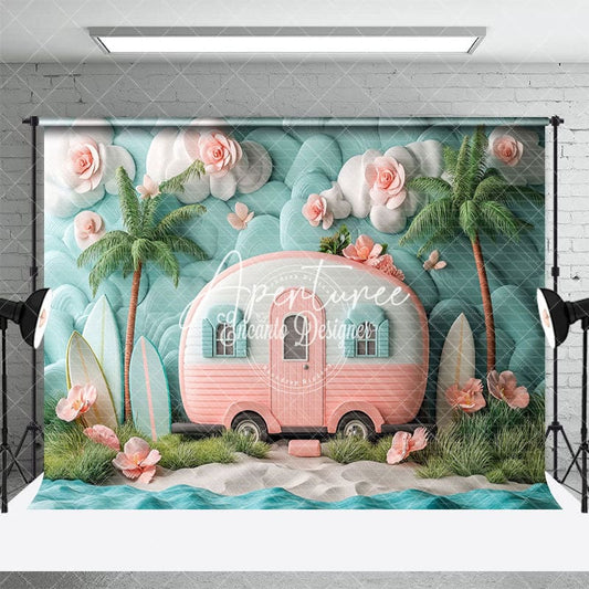 Aperturee Dream California Camping Scene Pink Trailer Backdrop, 3X2FT(1MX0.6M), 14 USD, birthday cake smash backdrops, ENHD8J24-M