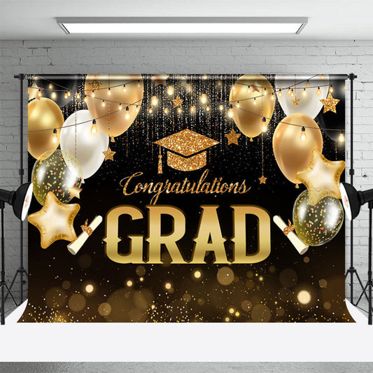 Black Gold Balloons Bokeh Congrats Grad Backdrop - Aperturee