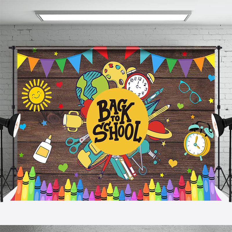 Colorful Stationery Wooden Back To School Backdrop - Aperturee