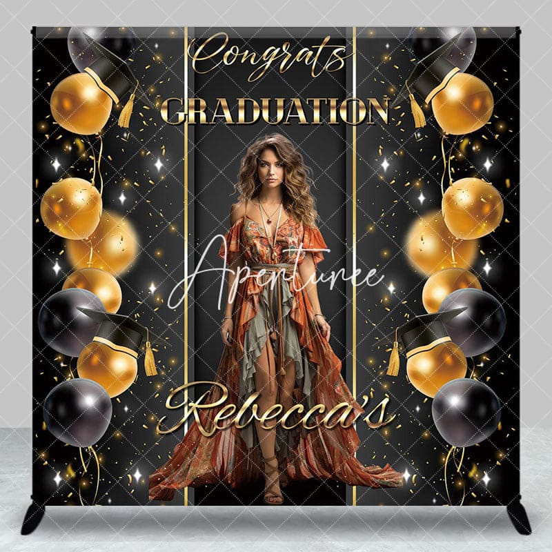 Custom Black Gold Balloons Congrats Grad Backdrop - Aperturee