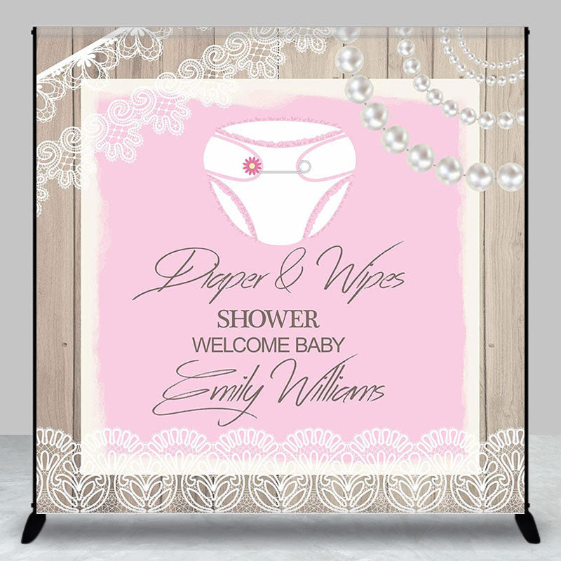 Custom Pearls Wood Pink Diaper Wipes Shower Backdrop - Aperturee