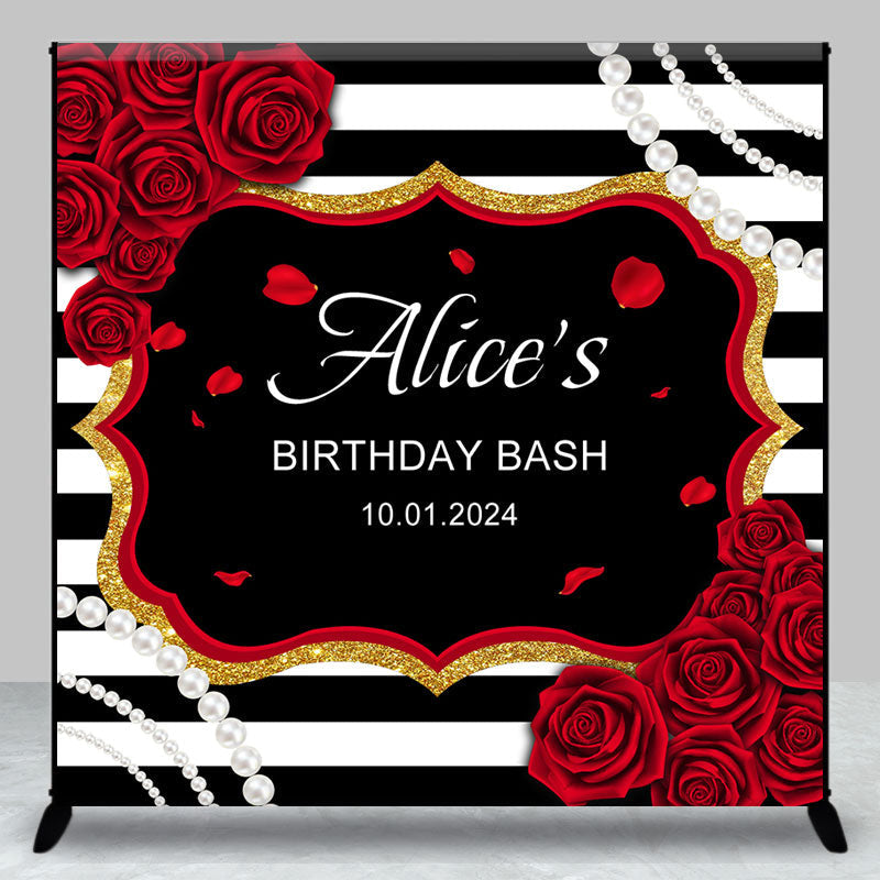 Custom Red Rose Pearl Stripe Birthday Bash Backdrop - Aperturee
