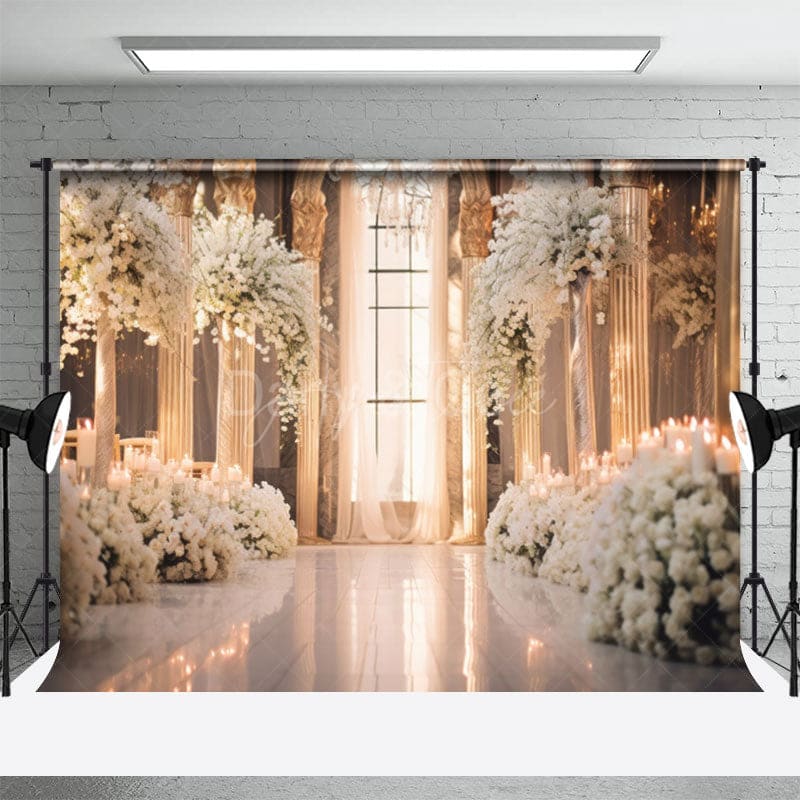 Floral Decorated Church Interior Wedding Backdrop - Aperturee
