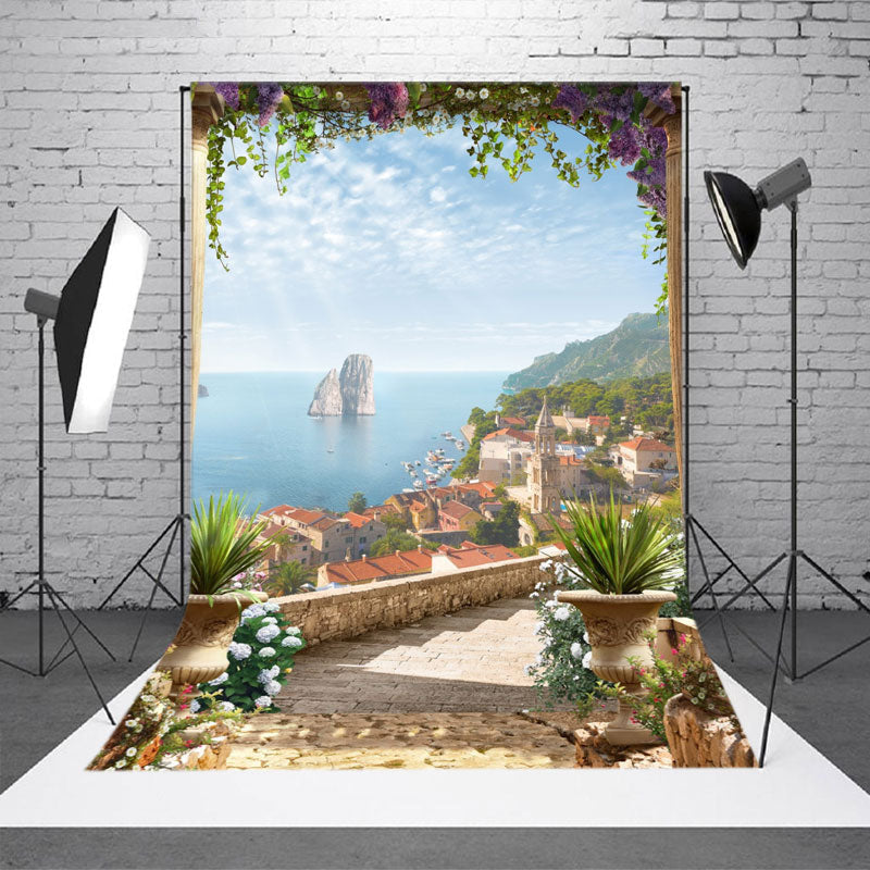 Floral Steps Sea Buildings Photo Studio Backdrop - Aperturee