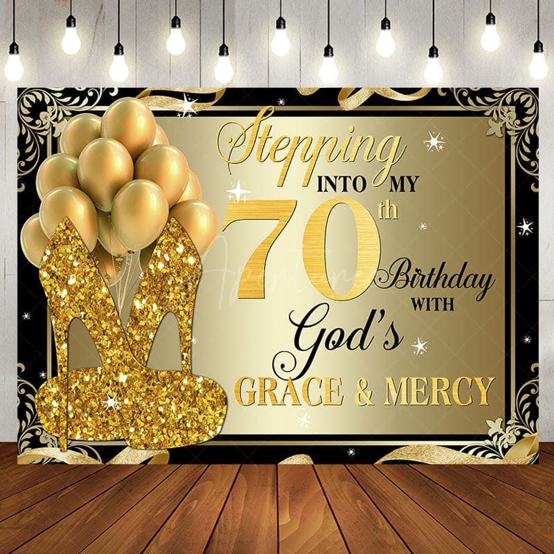 Gold Glitter Heels Stepping into 70th Birthday Backdrop - Aperturee