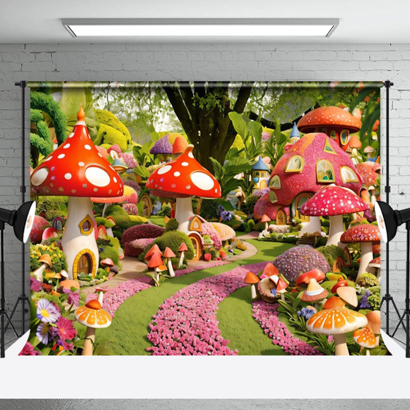 Mushroom Paradise Path Town Tree Spring Backdrop - Aperturee