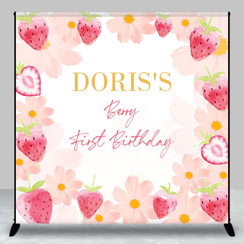 Pink Strawberry Floral Custom 1st Birthday Backdrop - Aperturee