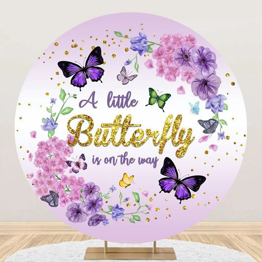 Purple Butterfly Floral Round Baby Shower Backdrop - Aperturee