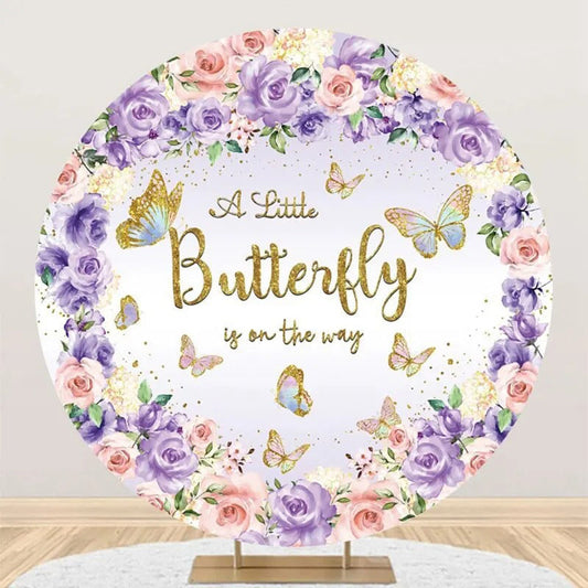 Purple Floral Butterfly Round Baby Shower Backdrop - Aperturee
