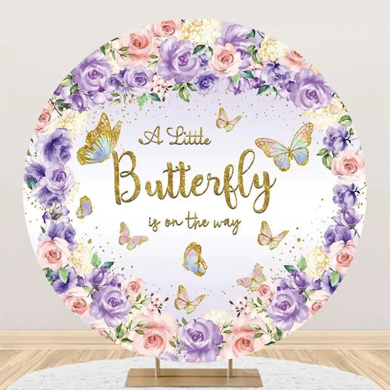 Purple Floral Butterfly Round Baby Shower Backdrop - Aperturee