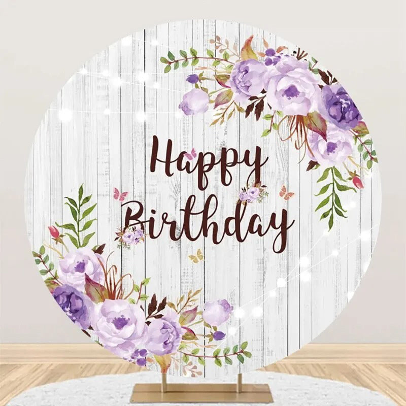 Purple Floral Leaves Wooden Round Birthday Backdrop - Aperturee