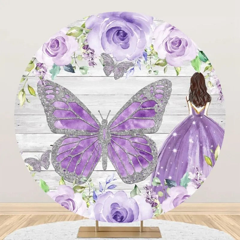 Purple Silver Floral Wooden Round Birthday Backdrop - Aperturee