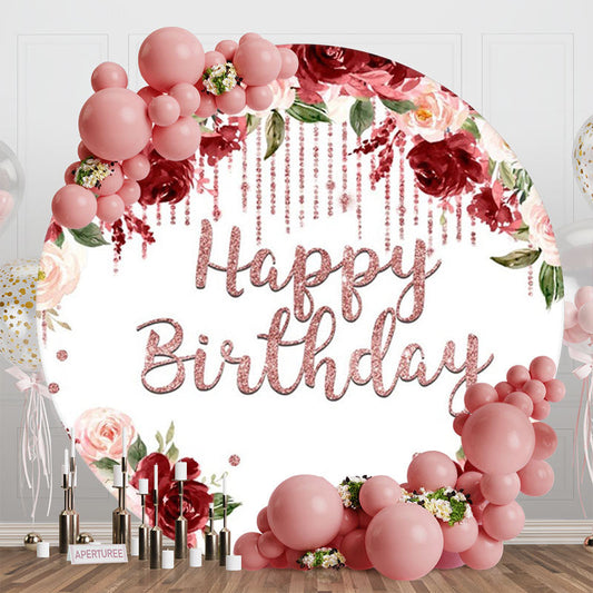 Red Pink Floral Diamond Round Happy Birthday Backdrop - Aperturee