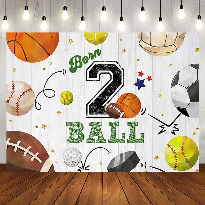 Retro Balls Sports Wood Grain 2nd Birthday Backdrop - Aperturee