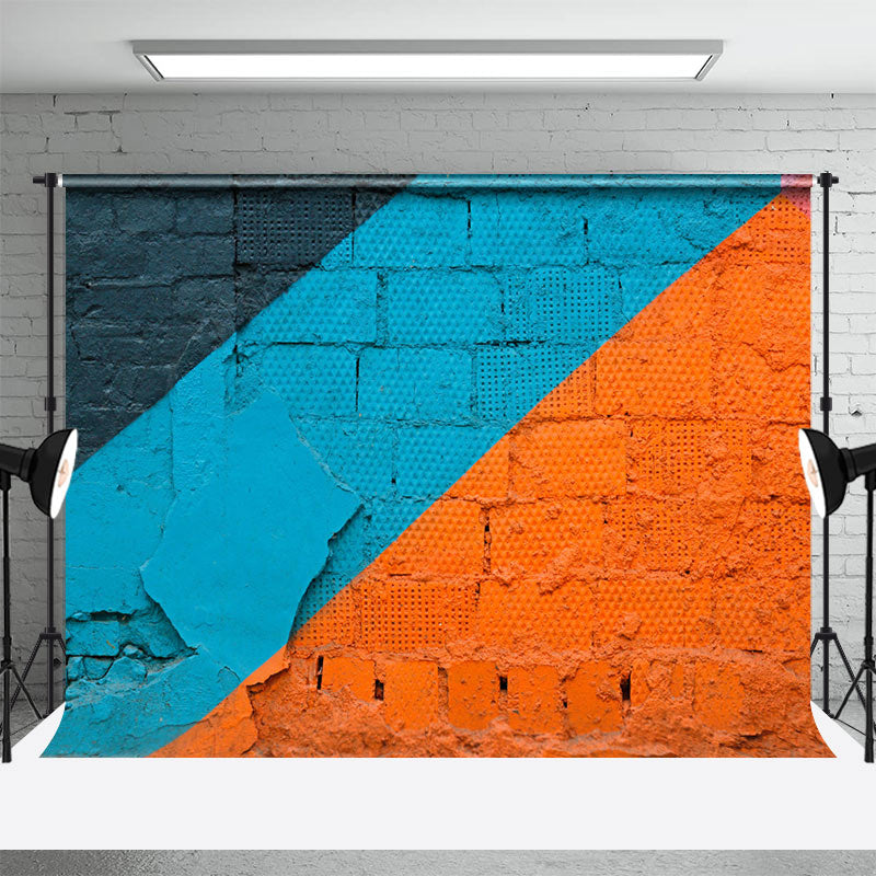 Retro Blue Orange Brick Graffiti Wall Photo Backdrop - Aperturee