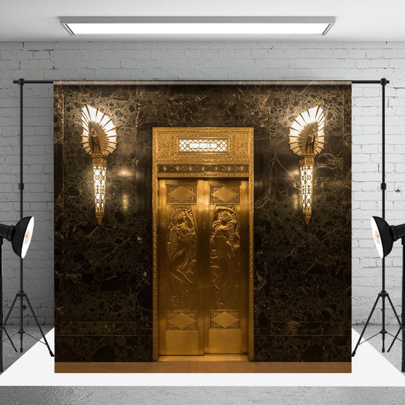 Retro Gorgeous Black Gold Marble Door Photo Backdrop - Aperturee