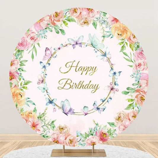 Round Colorful Floral Butterfly Birthday Backdrop - Aperturee