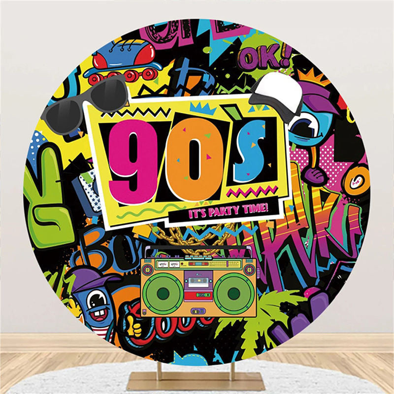 Round Colorful Graffiti 90s Disco Party Backdrop - Aperturee