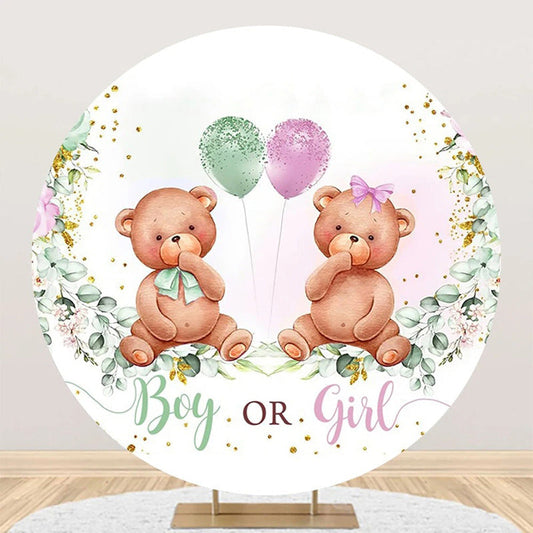 Round Green Leaf Teddy Bear Gender Reveal Backdrop - Aperturee