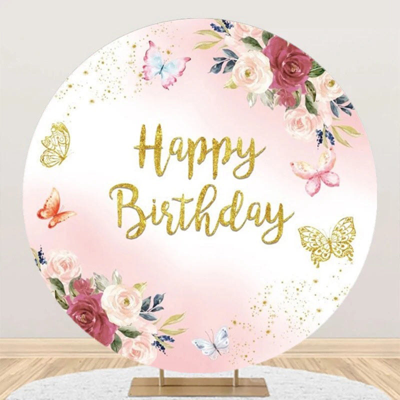 Round Pink Floral Butterfly Gold Birthday Backdrop - Aperturee