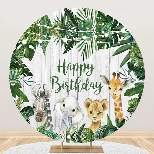 Round Safari Cute Animals Wooden Birthday Backdrop - Aperturee