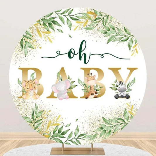 Round Safari Floral Gold Oh Baby Party Backdrop - Aperturee