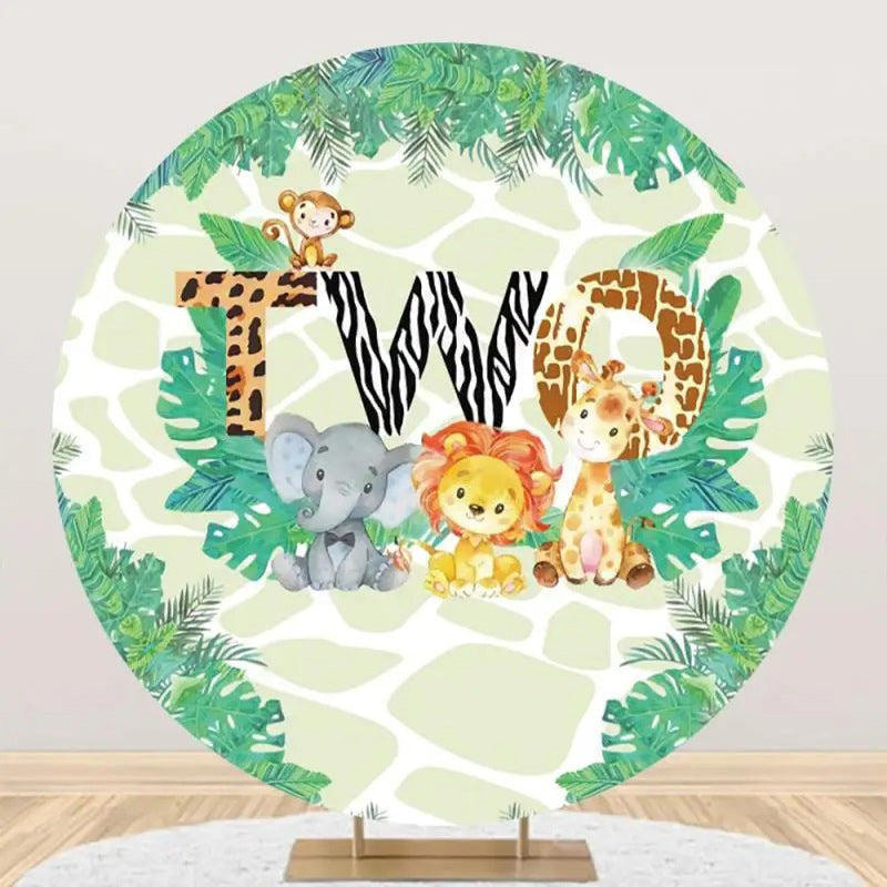 Round Safari Two Wild Animal Birthday Party Backdrop - Aperturee