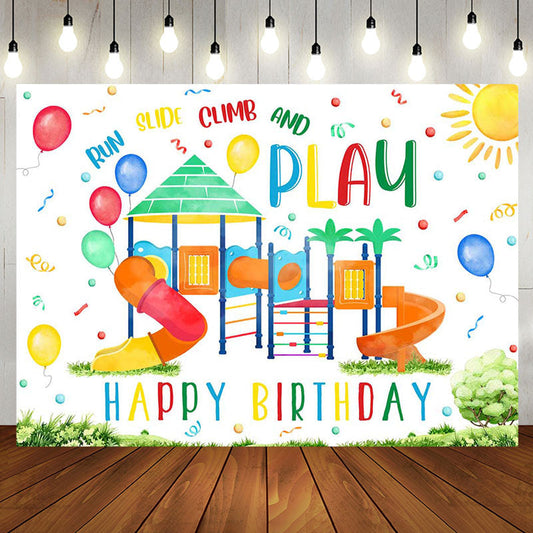 Run And Play Colorful Slide Grass Birthday Backdrop - Aperturee