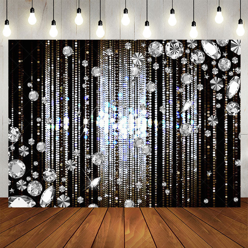 Aperturee Silver Glitter Diamonds Black Birthday Backdrop