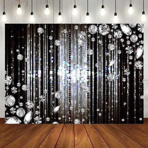 Aperturee Silver Glitter Diamonds Black Birthday Backdrop
