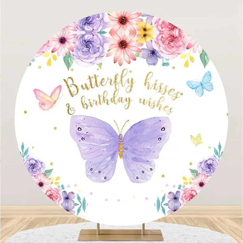 Spring Floral Butterfly Round Backdrop For Birthday - Aperturee