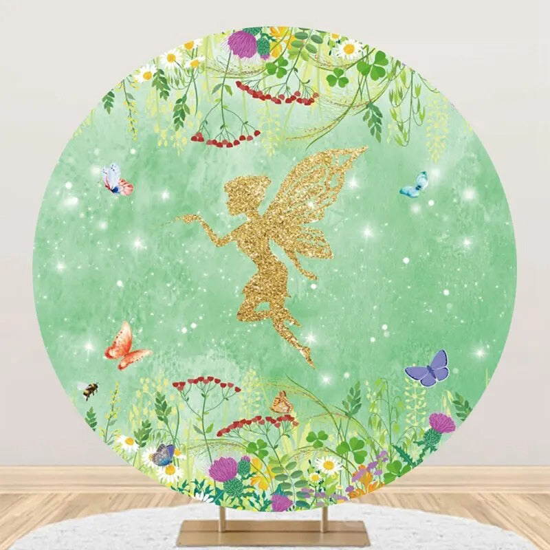 Spring Green Floral Gold Elf Round Birthday Backdrop - Aperturee