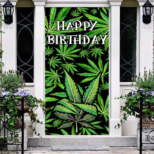 Spring Green Plant Leaves Happy Birthday Door Cover - Aperturee