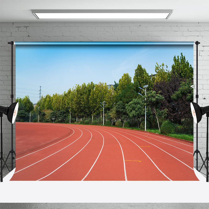 Trees Red Plastic Runway Sports Backdrop For Photo - Aperturee