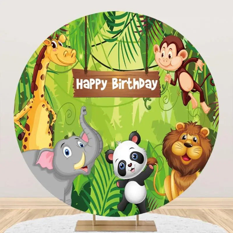 Tropical Green Leaves Animals Round Birthday Backdrop - Aperturee