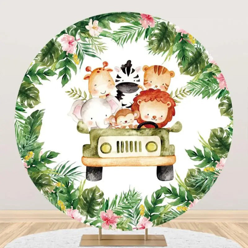 Tropical Green Leaves Animals Safari Round Backdrop - Aperturee