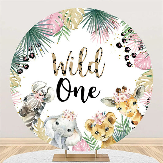 Tropical Leaves Animals Round 1st Birthday Backdrop - Aperturee
