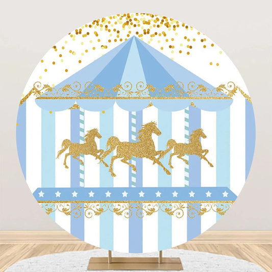 White Blue Gold Carousel Circus Round Party Backdrop - Aperturee