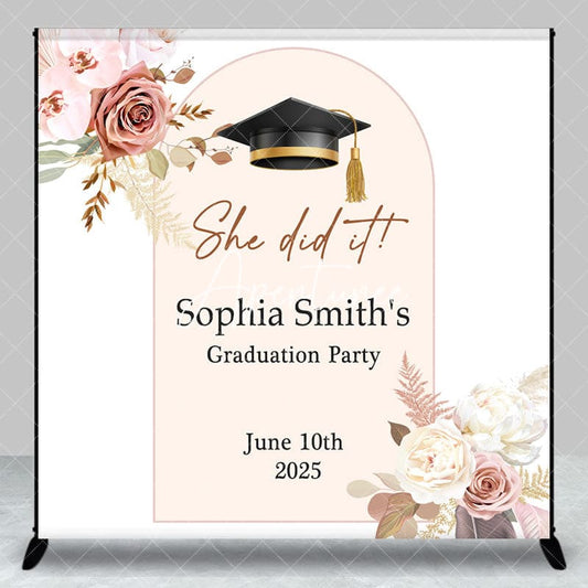 White Floral Bachelor Cap Custom Grad Party Backdrop - Aperturee