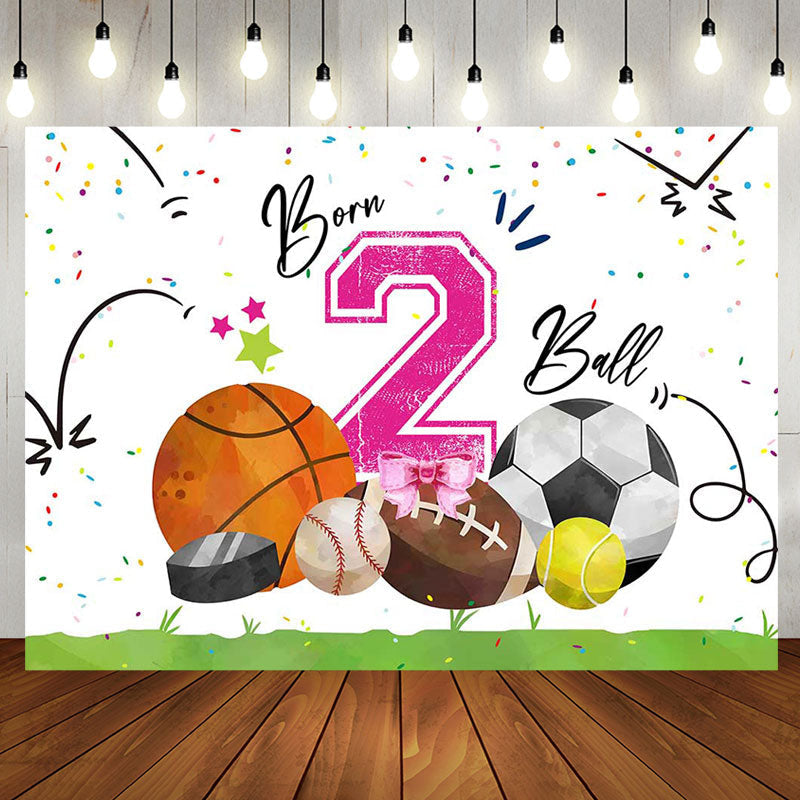 White Pink Born 2 Ball Sports Backdrop For Birthday - Aperturee