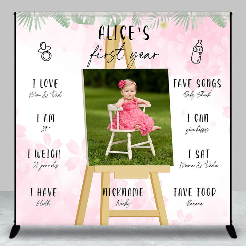 White Pink Floral Leaf Custom 1st Birthday Backdrop - Aperturee