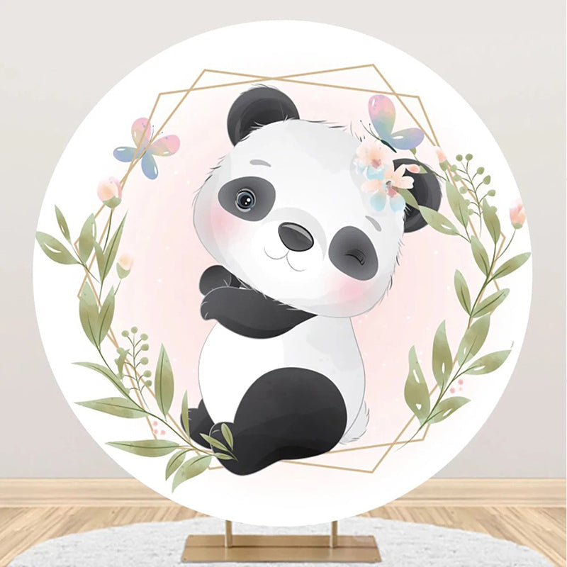 White Pink Greenery Panda Round Baby Shower Backdrop - Aperturee
