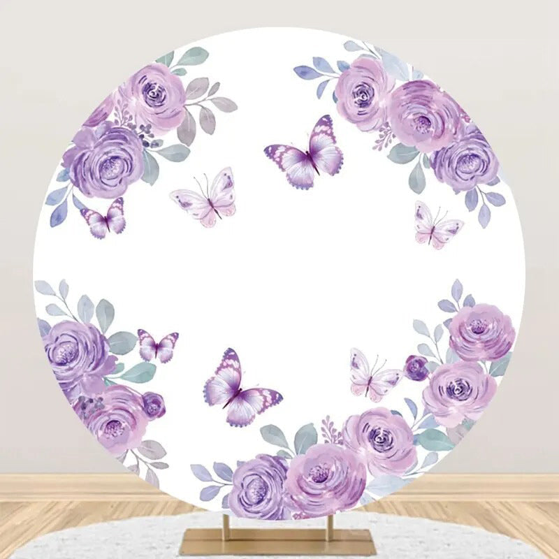 White Purple Rose Butterfly Round Birthday Backdrop - Aperturee