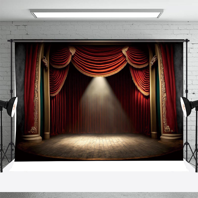 Wooden Stage Red Curtain Light Photo Booth Backdrop - Aperturee