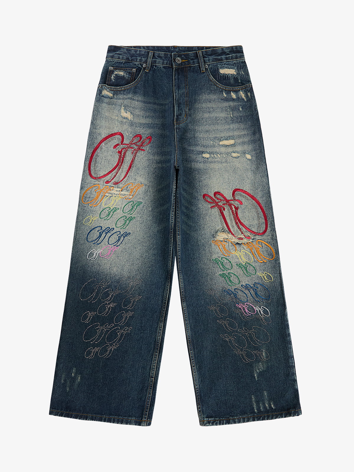 Retro Rhinestone Letter Embroidery Distressed Baggy Jeans - Blue / 2XL
