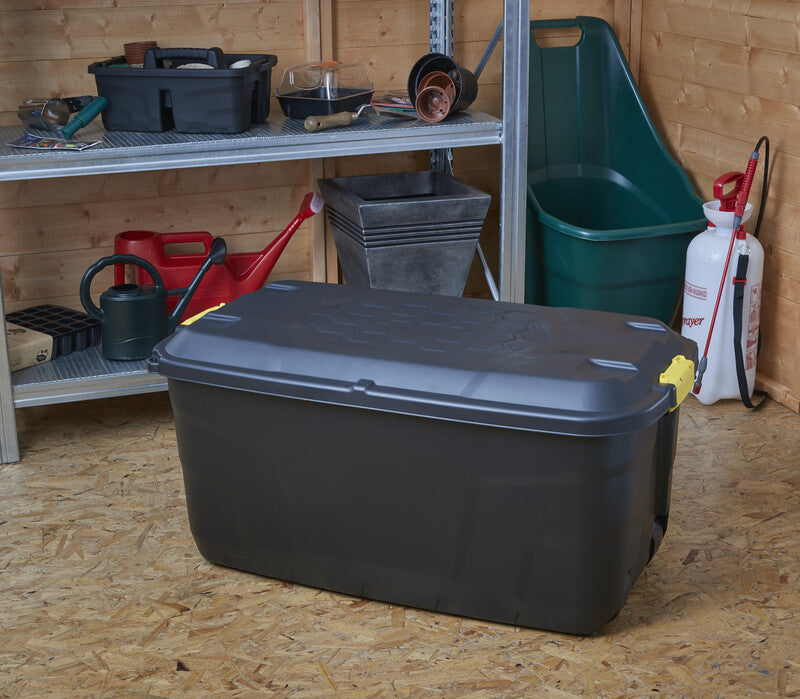 Strata Heavy Duty Storage Box & Lid Wheeled Trunk 145L, Black and Yellow Large Home Storage Organiser for Garage & Attic