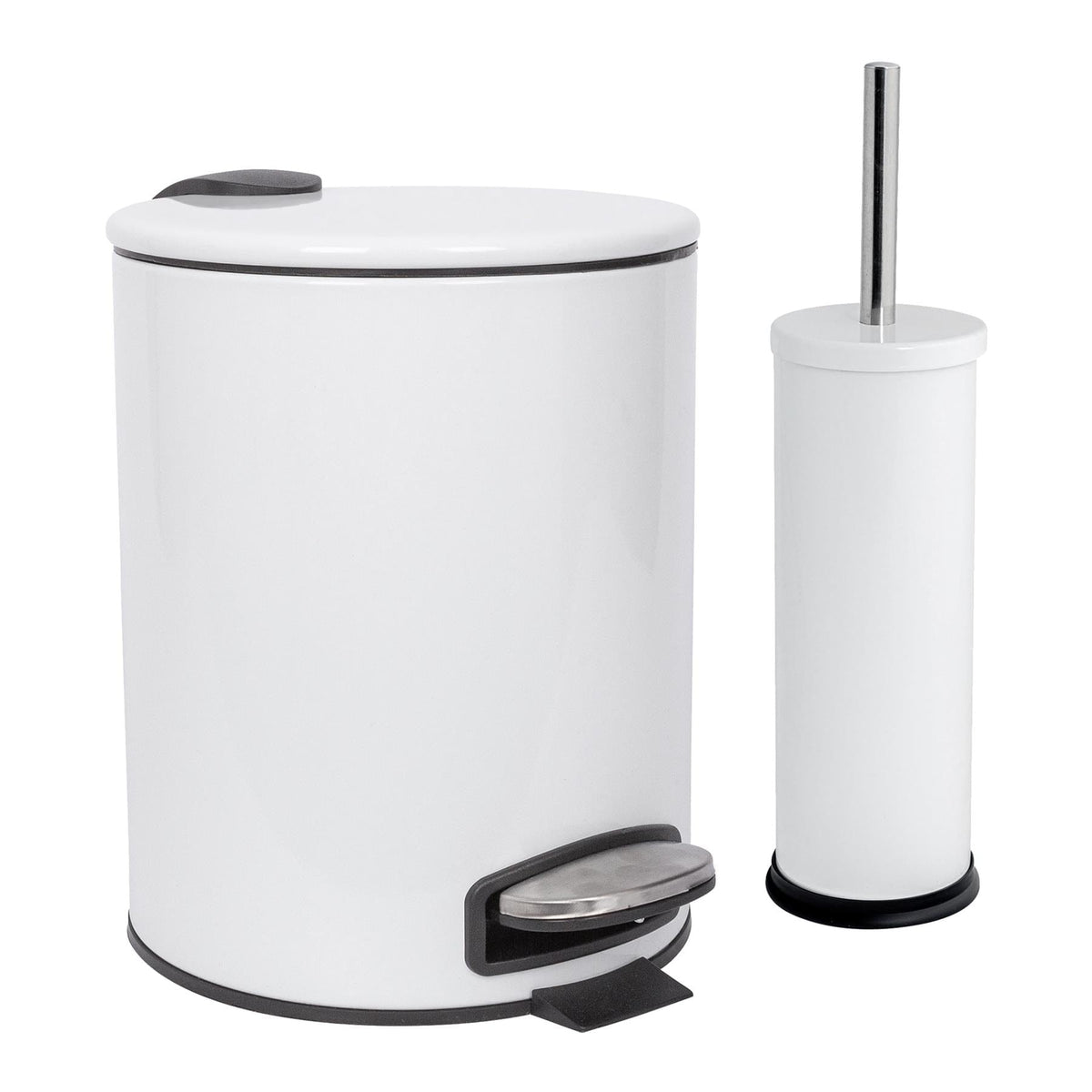 2pc 5L White Round Stainless Steel Pedal Bin & Toilet Brush Set