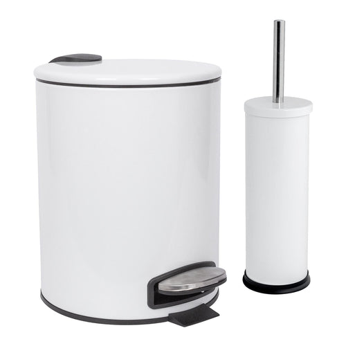 2pc 5L White Round Stainless Steel Pedal Bin & Toilet Brush Set