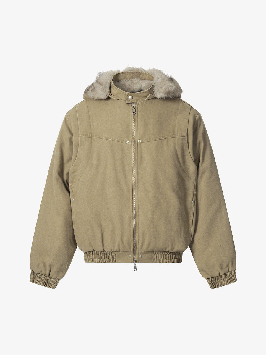Street Outdoor Detachable Fur Collar Fleece Hooded Padded Jacket - Khaki / S