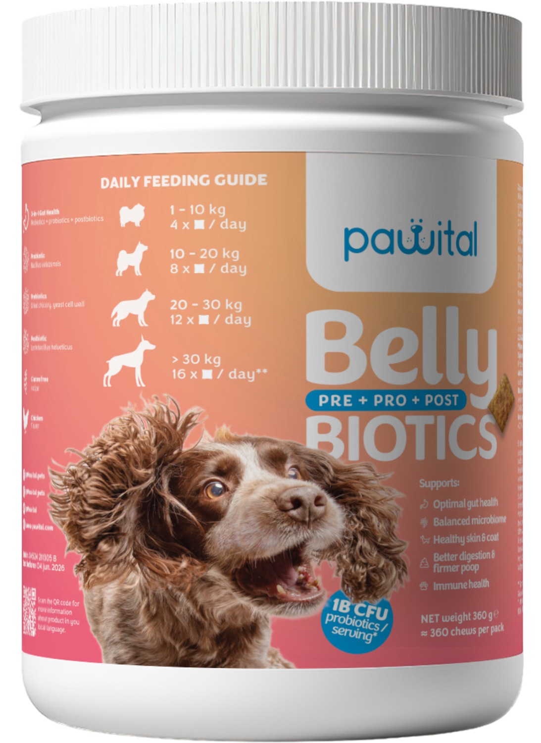 Pawital Belly Biotics – 360 Snacks, 1 Mrd. KBE Probiotika, Präbiotika und Postbiotika für Darmgesundheit, Immunsystem und Haut & Fell Ihres Hundes